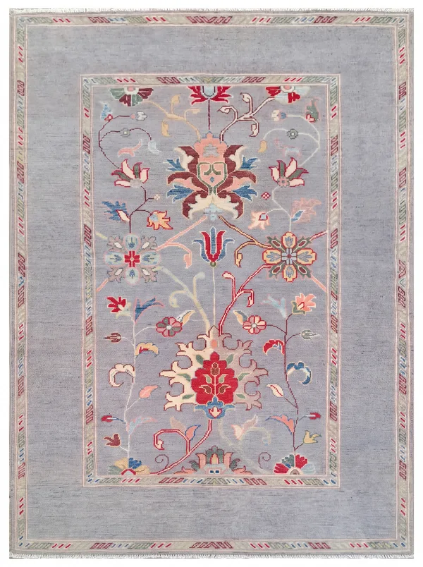 Kazakh Vase Floral Steel Blue, Kazakistan tribal rug, in steel blue grey, Wool, 122 × 191 cm (4'0" × 6'3"), Nasim Carpets Malaysia